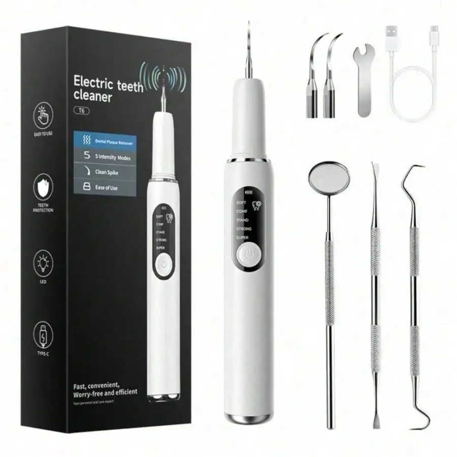 Electric Dental Cleaner With LED Light, 5 Cleaning Modes And 3 Accessories (Plaque Remover, Interdental Cleaner, Gum Massager) – USB Dental Care Device, Suitable For Plaque Removal, Gum Health, And Interdental Cleaning – Ideal Gift.