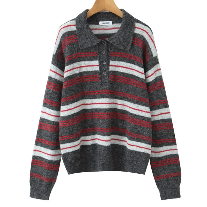 

2025 Autumn Winter New Women's Korean-Style Sweet Knit Sweater Polo Collar Long-Sleeve Striped Knit Soft Comfortable Design Tops