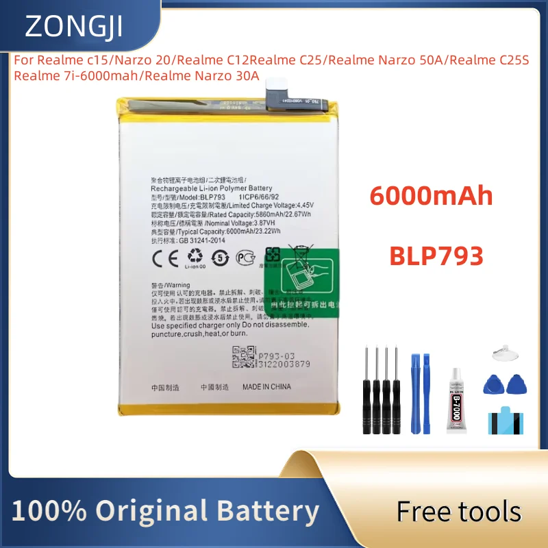 New Battery BLP793 6000mAh Battery For Realme C15 C11 C12 C25 C25s Narzo 20 / Narzo 30A Mobile Phone Batteries + Tools