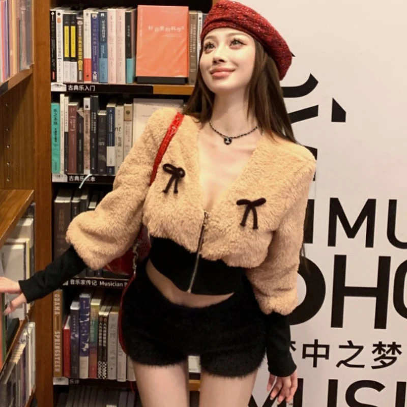 

CUTENOVA куртка с v-образным вырезом и длинными рукавами с бантом, женская зимняя куртка из овечьей шерсти, утягивающий топ на талии, женская новинка 2024, модная уличная одежда Hottie Girl