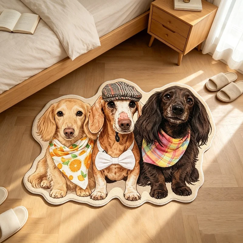 Cute Three Dogs Shaped Rug Creative Cartoon Entryway Doormat Cream Style Fluffy Decorative Bedroom Bedside Rug Washable