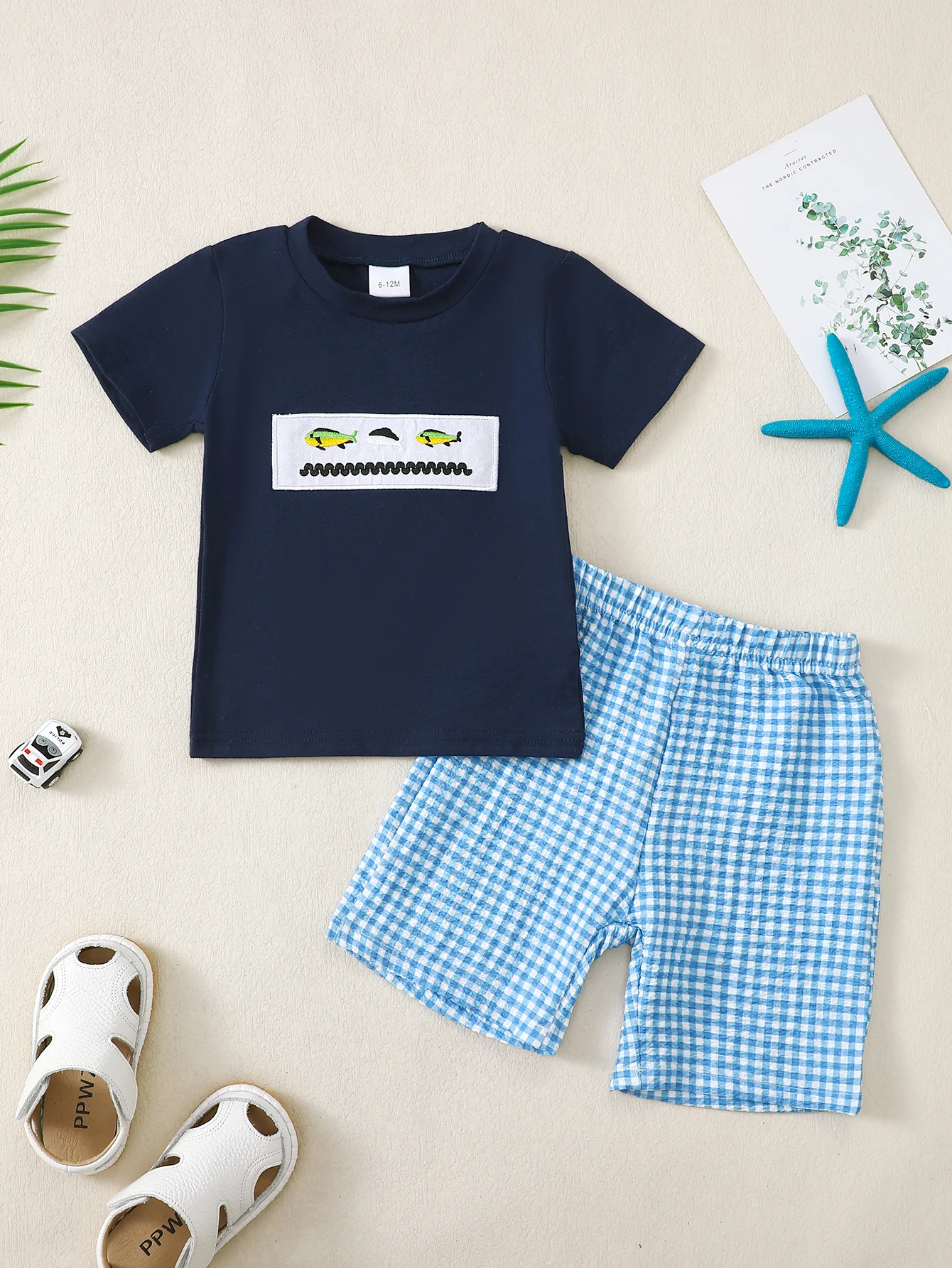 Baby Jungen Sommer Kurzarm Outfit Einfaches Fischmuster Babykleidung Set für Kleinkinder