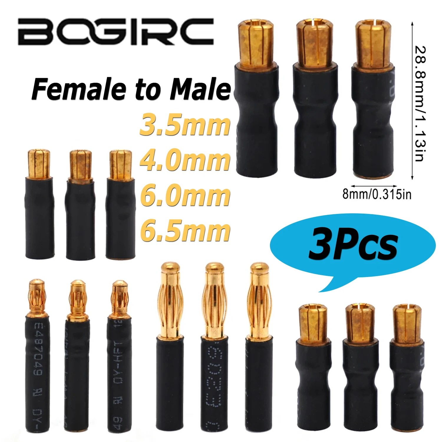 3 Stück BOGIRC Goldene Stecker-Buchse-Verbinder 3,5mm/4,0mm/6,0mm/6,5mm Bananenstecker-Adapter für Modellauto Boot ESC Motor Zubehör
