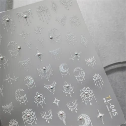 1pcs White Hollow Moon Nail Art Stickers Luxury Kawaii Pearl Rhinestone Self Adhesive Transfer Nail Decoration Slider Decals DIY