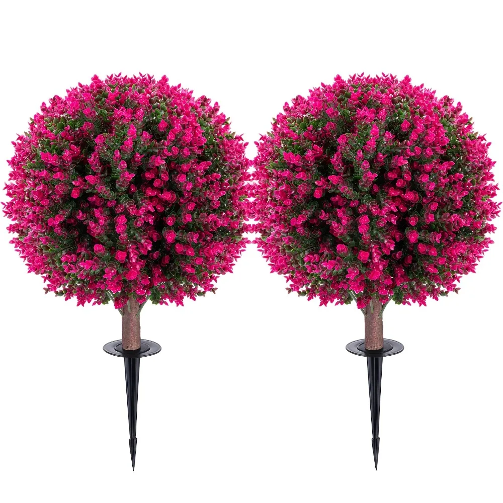 

2pcs 26" Artificial Topiary Ball Tree with Pink Eucalyptus, Porch Decor Realistic Faux Greenery with Ground Spike UV Resistant