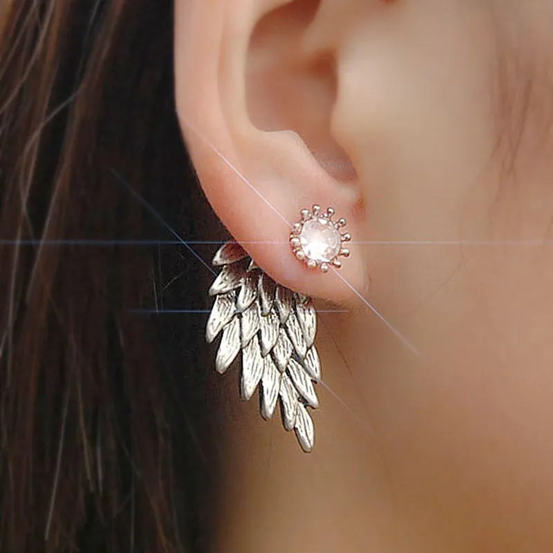 Retro Metal Angel Wings Back Hang Post Stud Earrings For Women Trendy Statement Wedding Crystal Jewelry