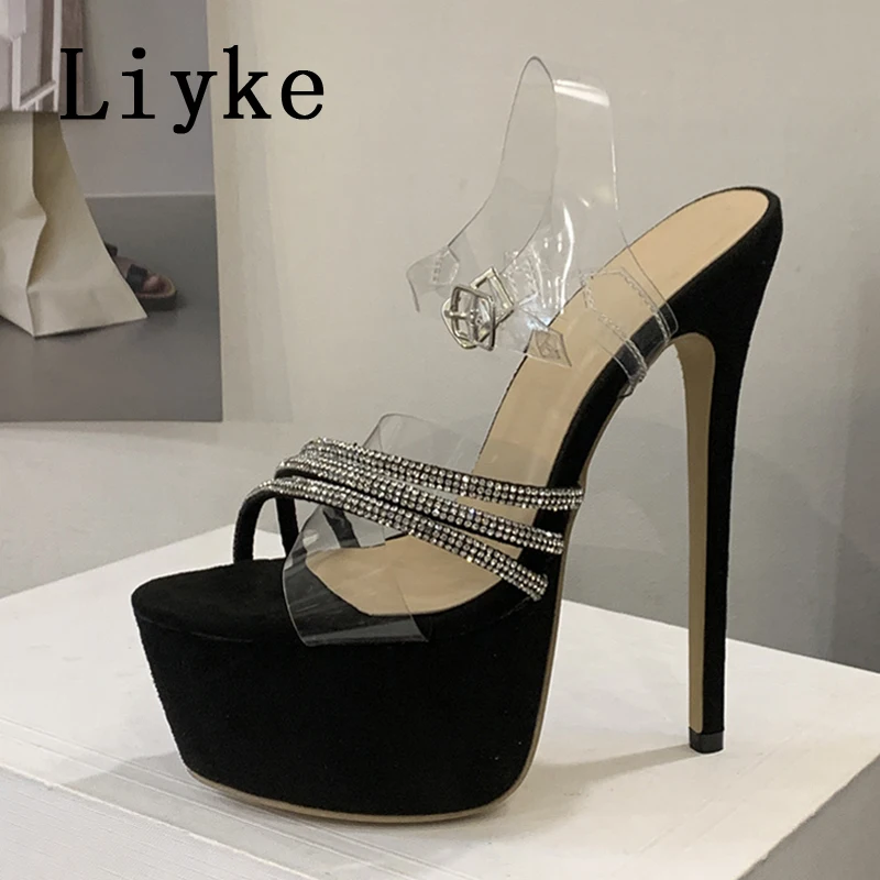

Liyke/женские пикантные прозрачные сандалии 16 см, модные вечерние модельные туфли на высоком каблуке с открытым носком и кристаллами и стразами, Zapatos Mujer