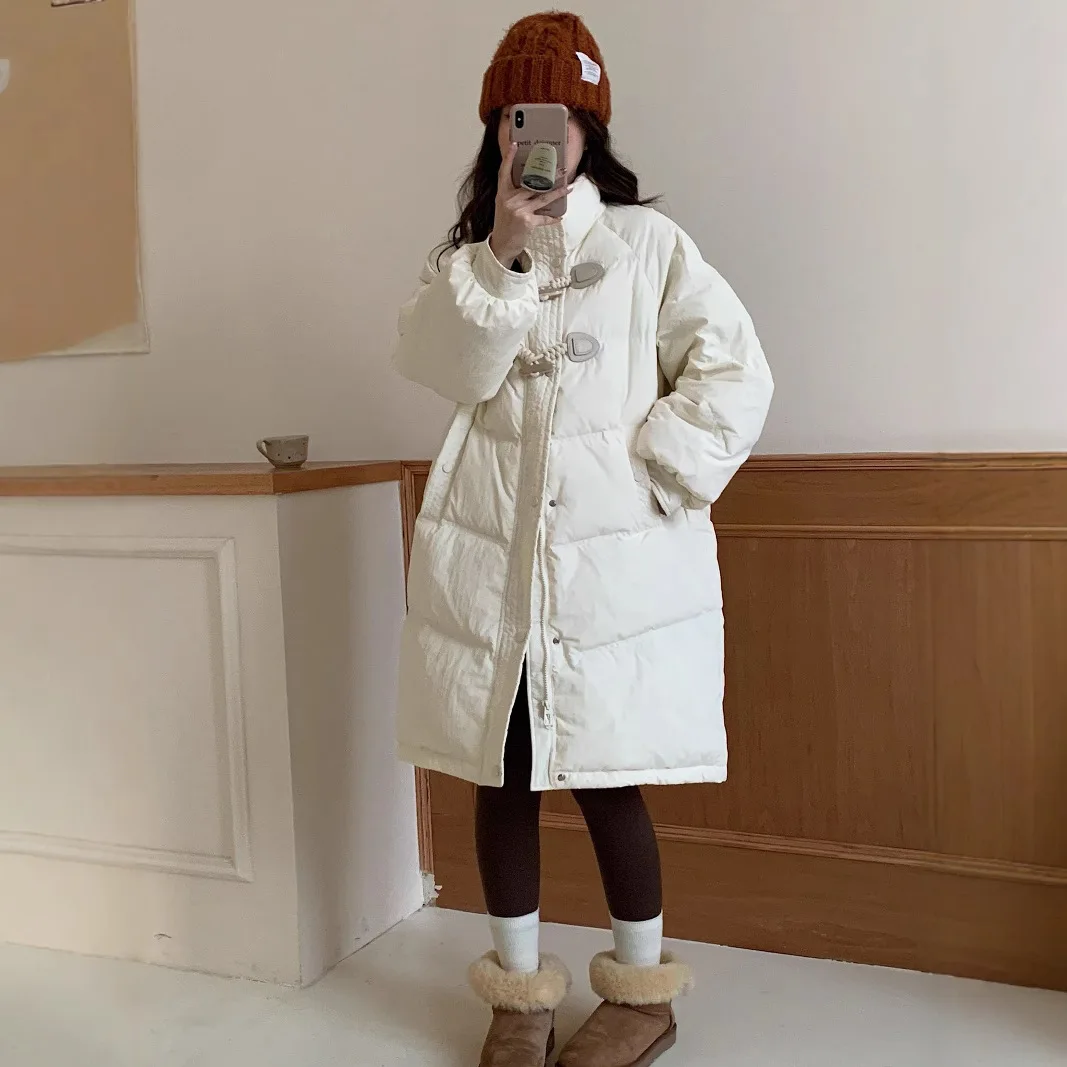 

Korean cotton-padded women's medium and long cotton-padded clothes loose horn button cotton-padded clothes bread clothes jacket