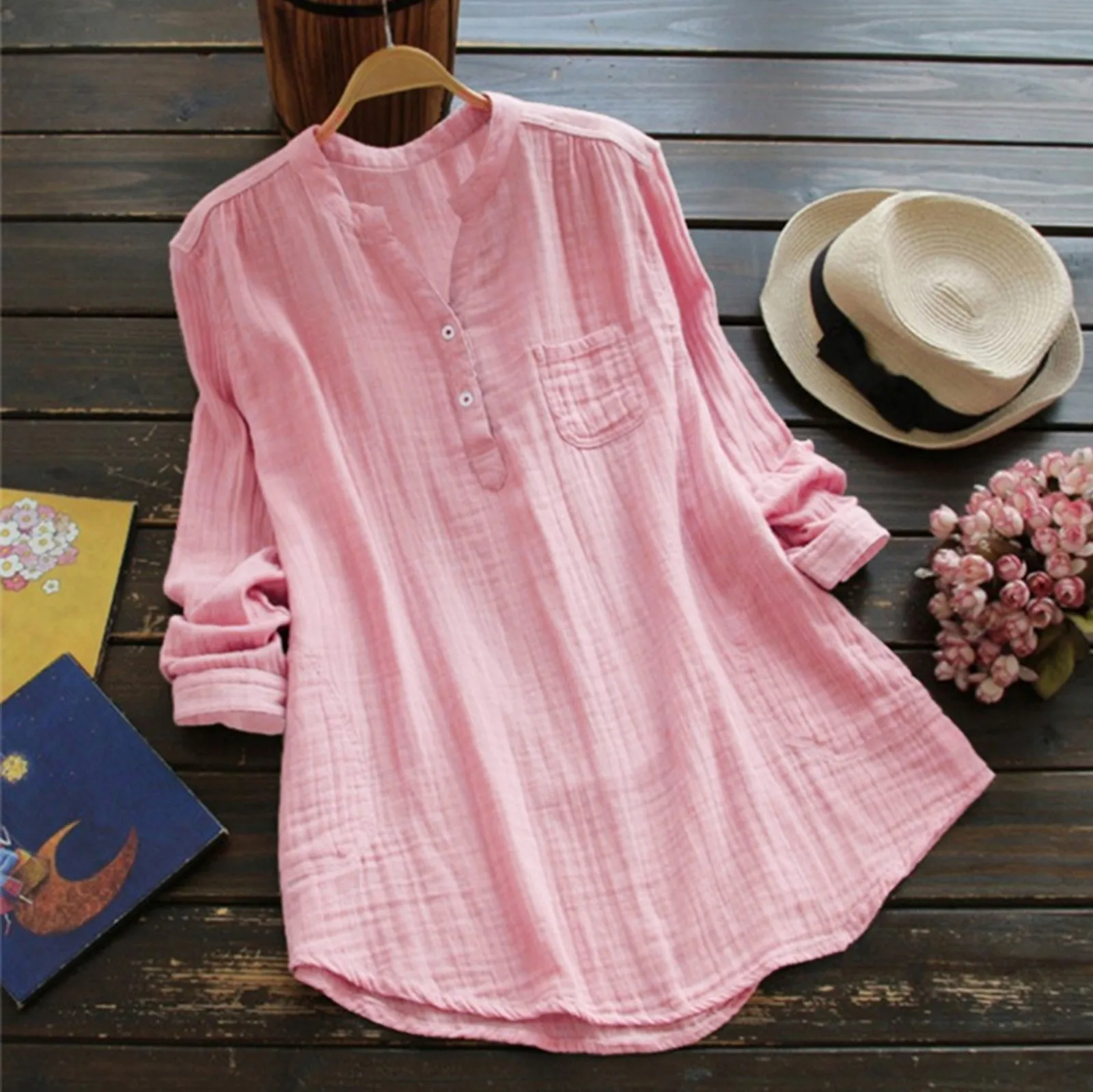 Pink Long Shirts For Women\'S Solid Color Cotton Linen Long Sleeved Loose Casual Shirt Vintage Bohemian Harjauku Female Blusas