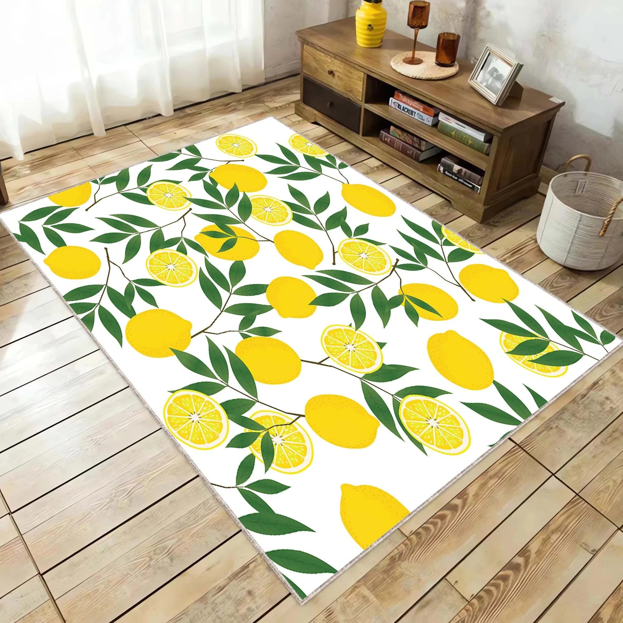 

Lemon Rug Whole and Half Yellow Lemons and Green Leaves Runner Rug Lemon Flower Yellow Rug Striped Rug Kitchen Rug Modern Rug