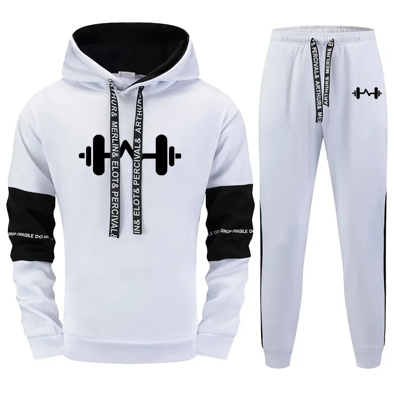 Dumbbel Print Men's Hooded Sweatshirt Sweatpants Us Streetwear Hip Hop Fashion Sportswear Hoodies Jogger Pants Fitness Outfit
