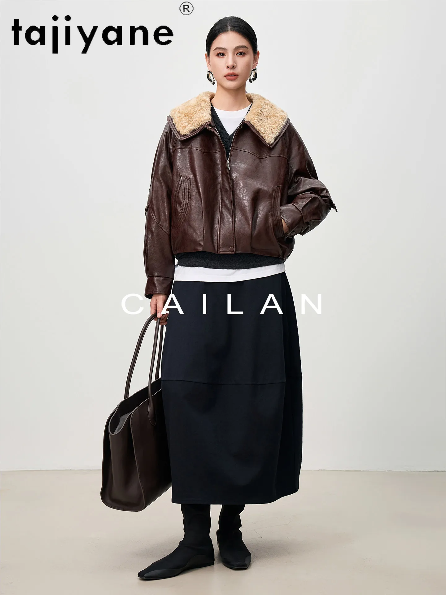 TAJIYANE シープスキン グースダウンジャケット レディース ウールカラー 本革 パファージャケット ショート丈 暖かいダウンコート 2025 冬服 패딩
