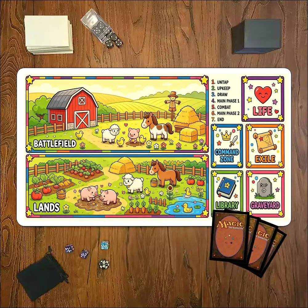 Rustic Farm Animal Cartoon Large Game Mat Non‑Slip Rubber Playmat Cheerful Countryside for Trading Card Tabletop Hobby Sessions
