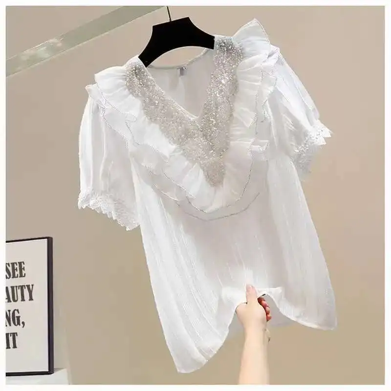 

New In 2024 Summer Dias Ruffles Shirts Blouses For Women Top Japanese Style Sweet Chic White Blouse