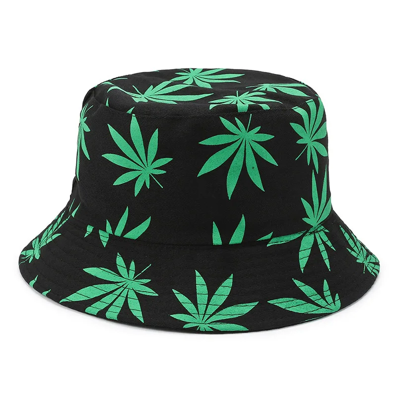 Women Spring Summer Marijuana Leaf Print Cotton Polyester Fisherman Cap Female Wide Brim Travel Decorate Sunscreen Sun Hat A8