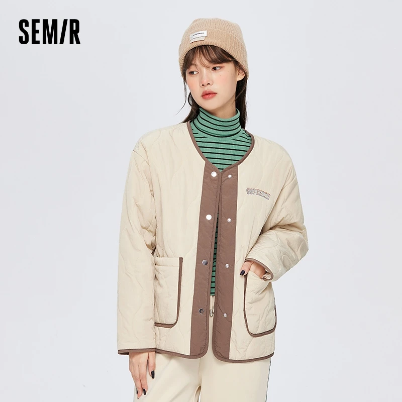 Semir Cotton Coat Women Thin Medium-Long Style Embroidered Personalized Splicing 2023 Winter Shirt Jacket