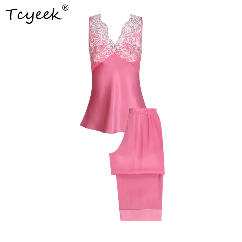 

Tcyeek, 16MM 100%Real Silk Pajamas Set, Women Sleeveless Lace, Sexy Casual Long Pants Homewear, 2024 Spring Summer S43728QC