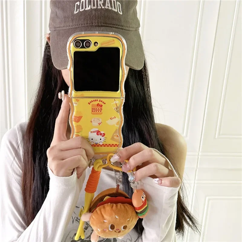 Kawaii Hello Kitty Hamburgers with Lanyard Phone Case for Samsung Galaxy Z Flip 3 4 Z Flip 5 6 5G PC Hard Anti-drop Back Cover