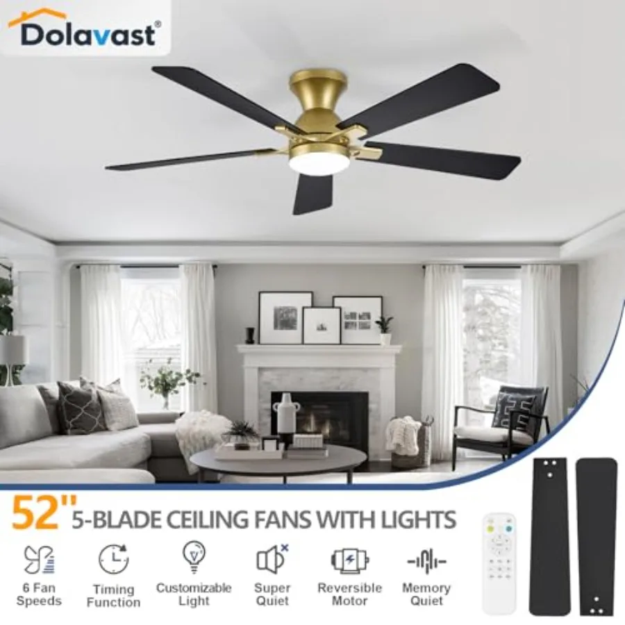 Bedroom and kitchen ceiling fan with lights and remote: 52-inch low profile reversible gold fandelier, dimmable LED, flush moun