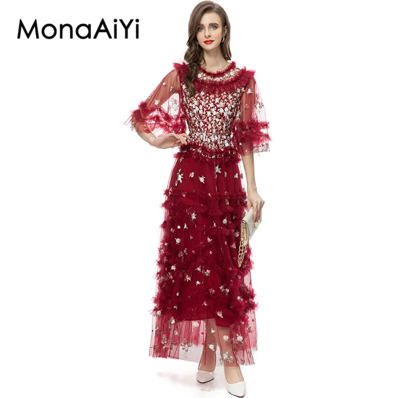 MonaAiYi Runway Fashion Designer Dress Women's Round Collar Applique Mesh Fabric Fungus Selvedge Red High Street Dresses