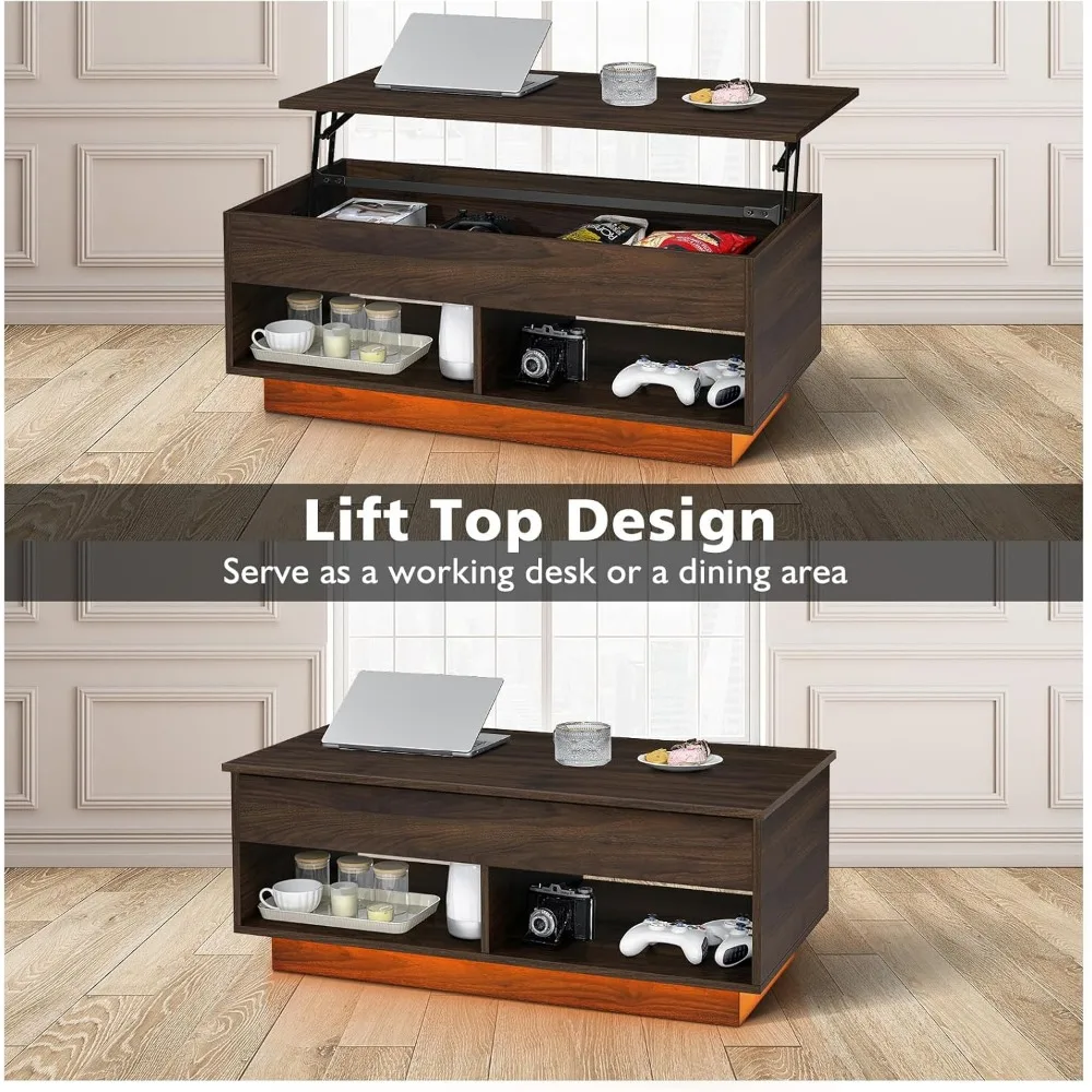 Lift Top Coffee Table with LED Light, Modern Center Table for Living Room, 3 Tiers Tea Table with Storage,Small Apartment Furni