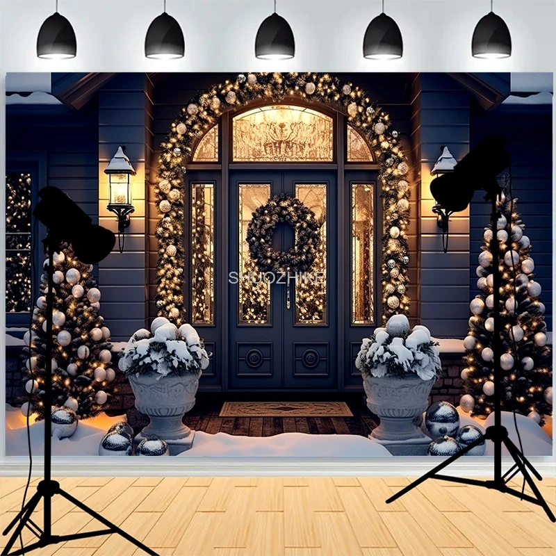 

Vintage Christmas Outdoor Scene With Gift Covered Snow Photography Backdrops Potted Trees New Year Family Party Background XH-64