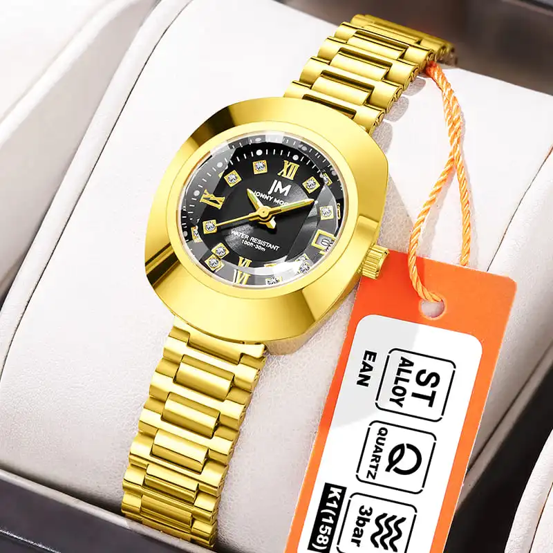Gift Box Watches for Woman JONNY MOORE 8561 Luxury Gold Quartz Watch Diamond Dial Calendar Waterproof Ladies Watches Reloj Mujer