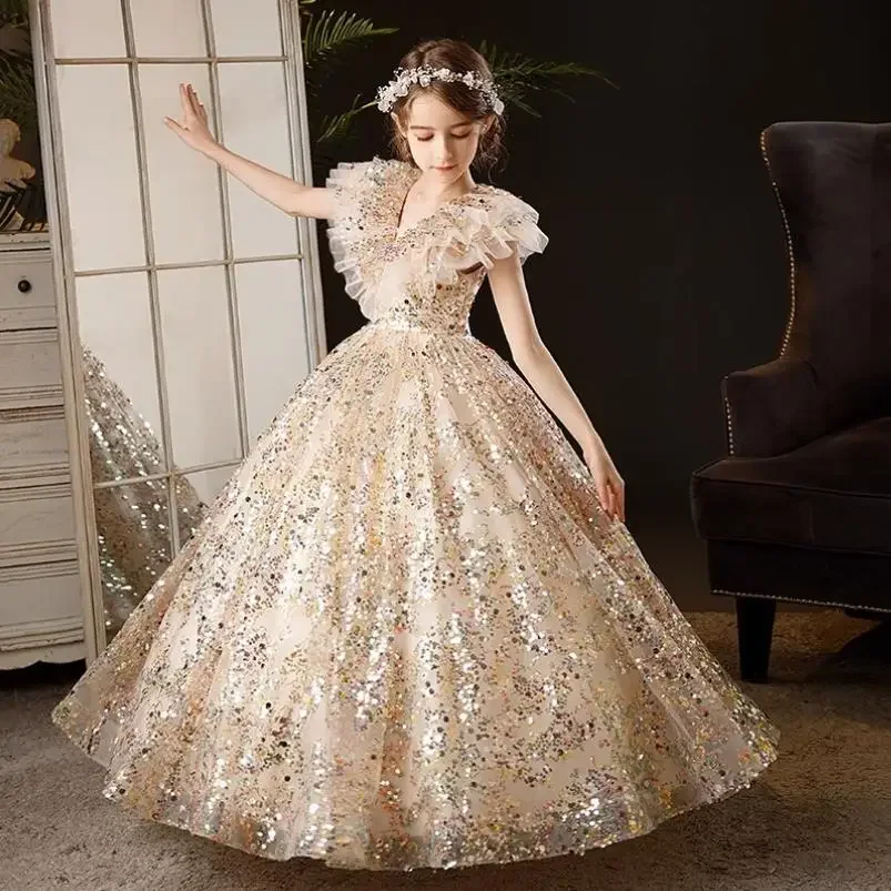 

High-End Princess Dress For Girls Kids Sequined Long Frock Children Catwalk Formal Evening Gown Teenagers Pageant Vestidos A2782