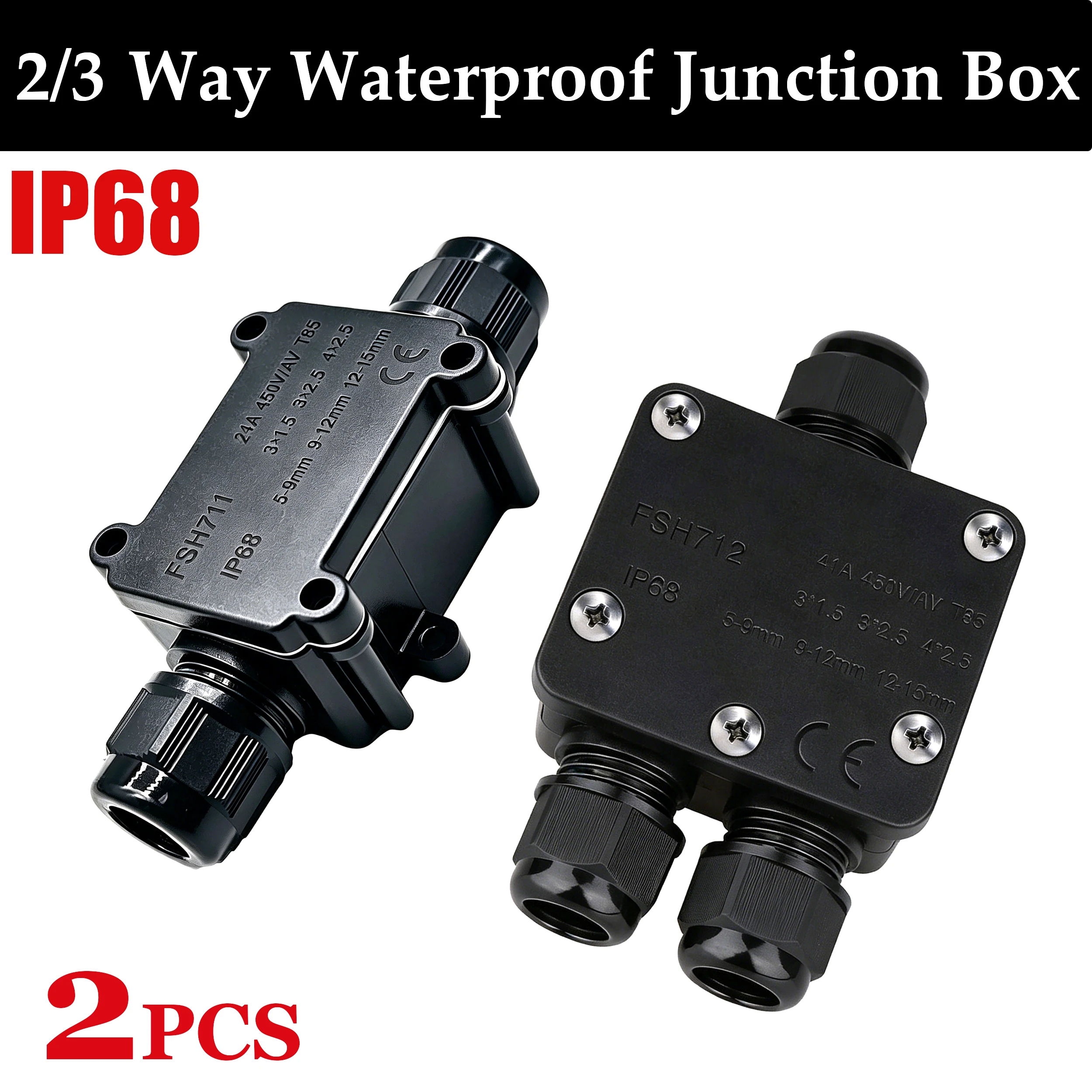 IP68 2/3 Way Waterproof Junction Box 2pin 3pin 5-15mm Electrical Cable Wire Connectors Box 24A 450V External Terminals Enclosure