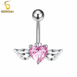 G23titan Pink Zircon Heart Shape With Wing Belly Button Rings Navel Piercings 14G Curved Barbell For Women Sexy Jewelry Ombligo