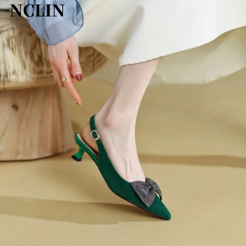 

2024 Summer Sandals Women Shoes Pointed Toe Thin Heel Sandals Butterfly-knot High Heels Kid Suede Shoes for Women Party Shoes