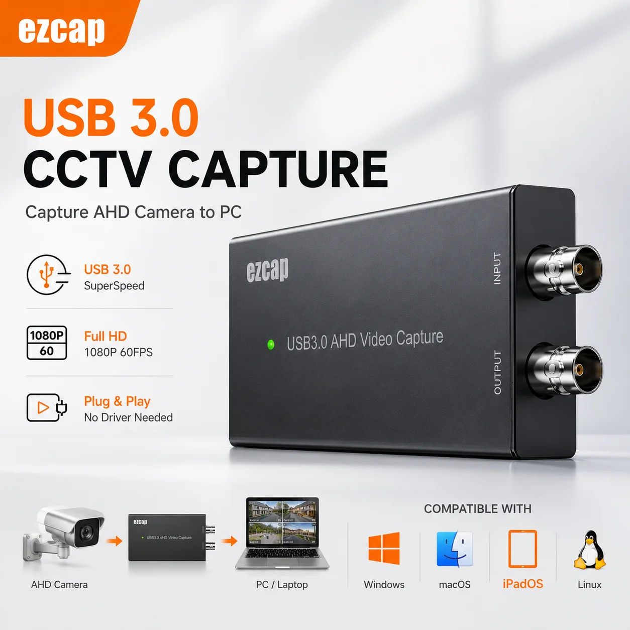 Ezcap267 USB3.0 AHD Video Capture USB Video Grabber BNC Video UVC Audio Capture Card for Windows Mac Linux OBS CCTV Camera
