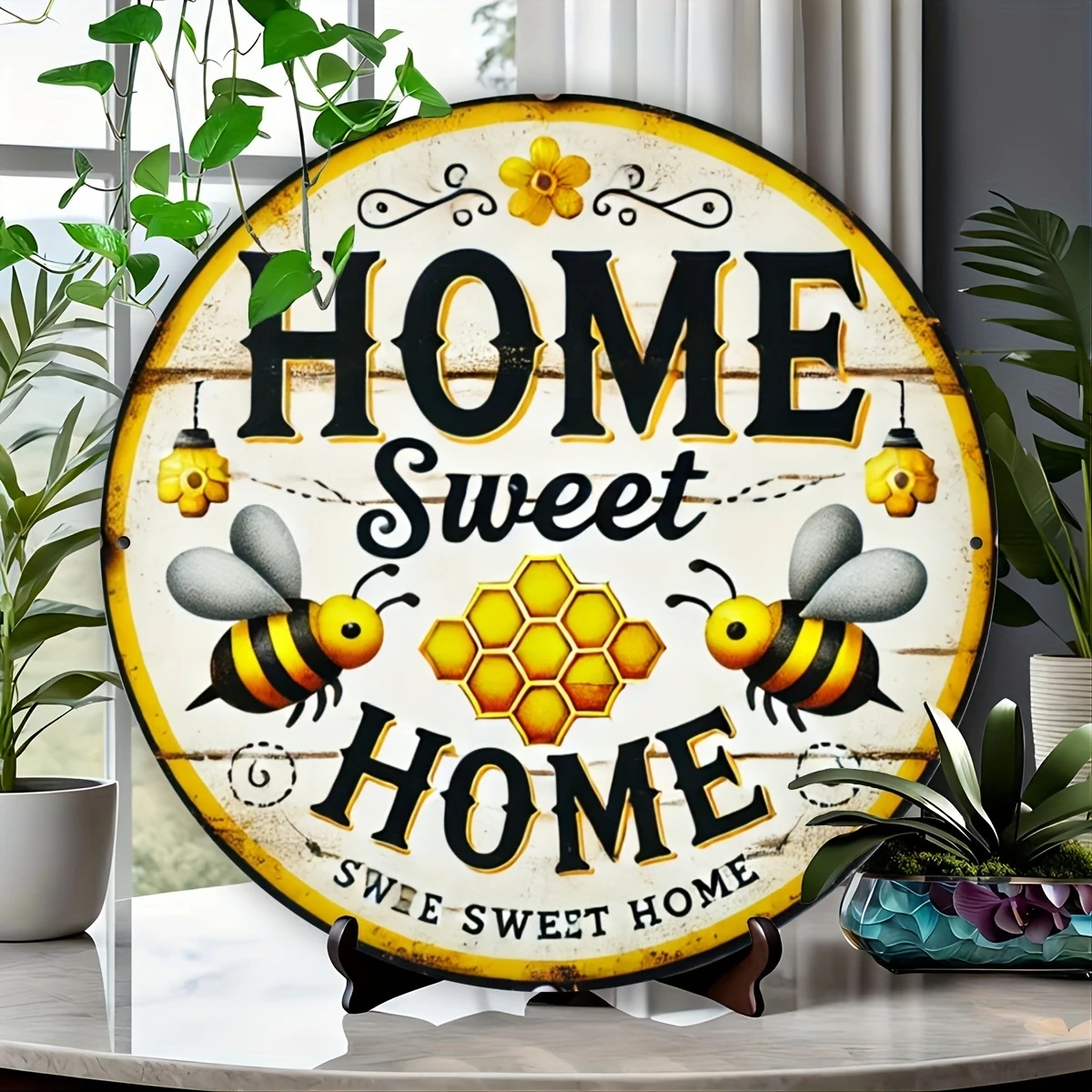 1 Stück 2D Bee Sweet Home Logo Holzscheibe 8 Zoll für Schlafzimmer Wohnzimmer Zuhause Restaurant Bar Café Garage Zimmer