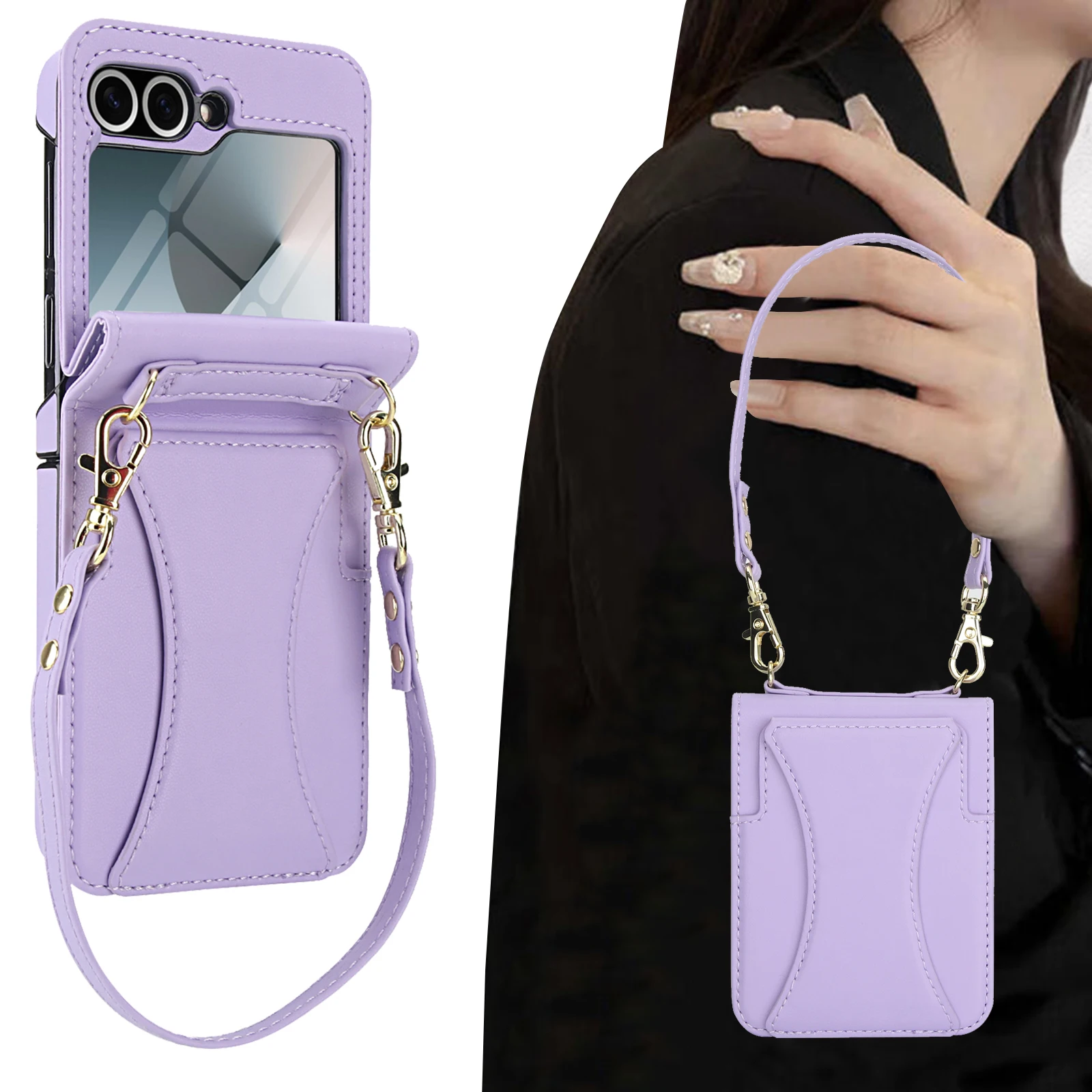 Leather Case For Samsung Galaxy Z Flip 7 FE 6 5 4 3 5G Crossbody Bag Lanyard Wallet Card Holder Stand Cover+Screen Protector view 5