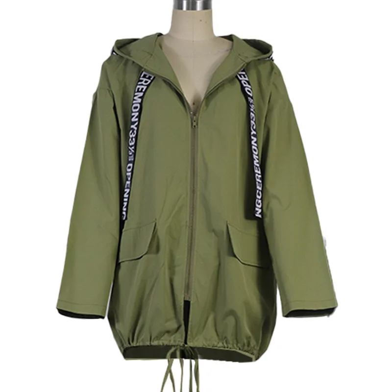 BAMBOOBOY Letter Print Green Trench Coat Spring Autumn Women Long Coat Loose Zipper Hooded Long Sleeve Overcoat Windbreaker