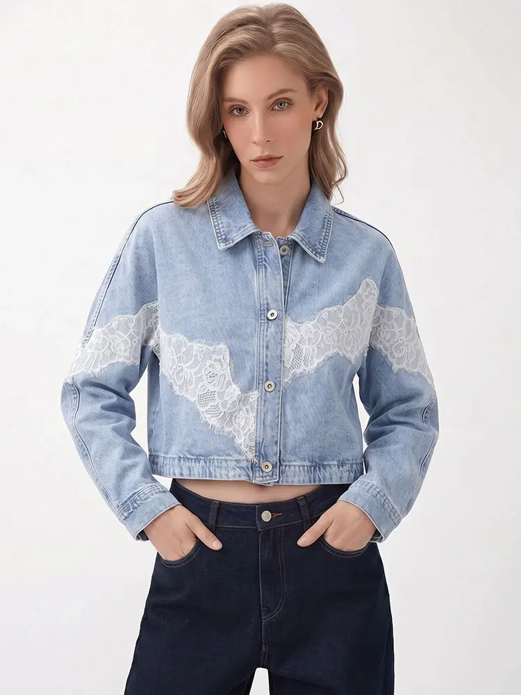 HH Womens Loose Blue Denim Jacket Lace Trim Long Sleeve Button Front Cropped Coats Date High Street Casual Summer Vacation Coat view 4