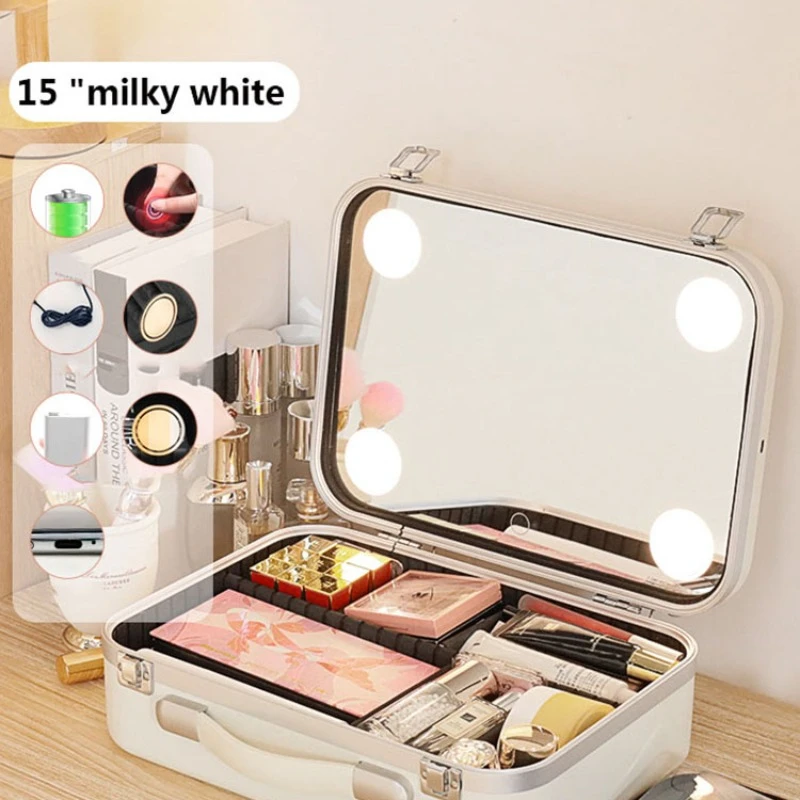 Cute Makeup Suitcase Luxury Smart LED Lamp Mirror Professional Women's Beauty Case Large Capacity Organizations Cosmetics Bags