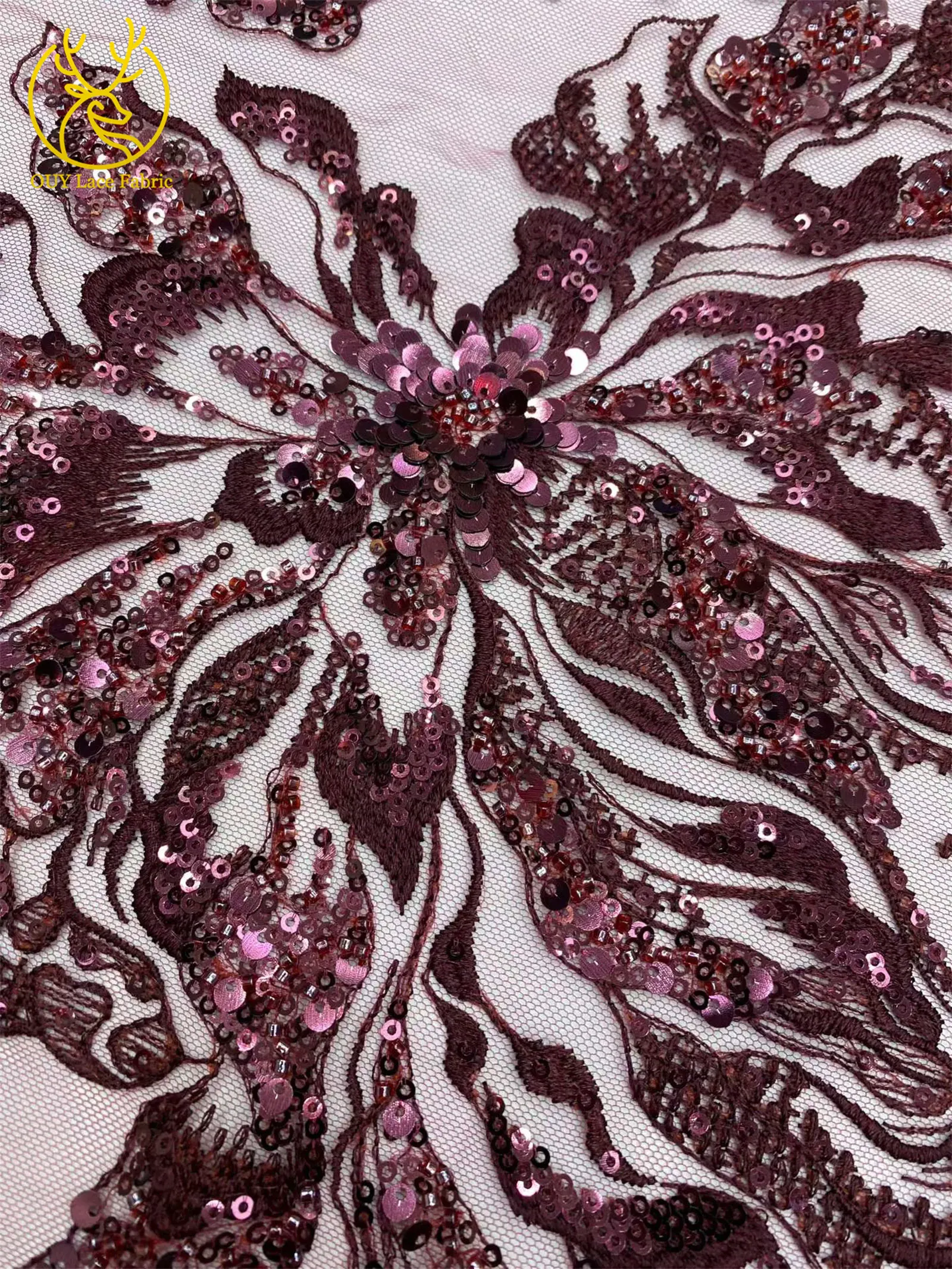 Roter Afrikanischer Bräutigam-Stickerei-Blumenspitzenstoff 2026 Hochwertiger Nigerianischer Pailletten-Perlen-Tüllstoff Hochzeitskleid-Stoff – Detail 10