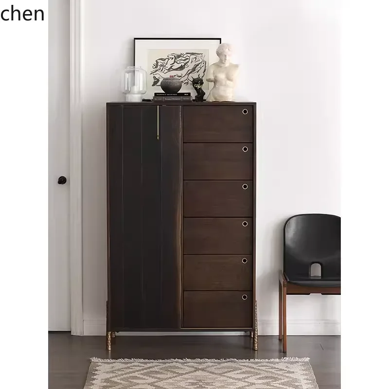 Nordic solid wood chest cabinet multifunctional living room locker floor drawer storage cabinet sliding door retro