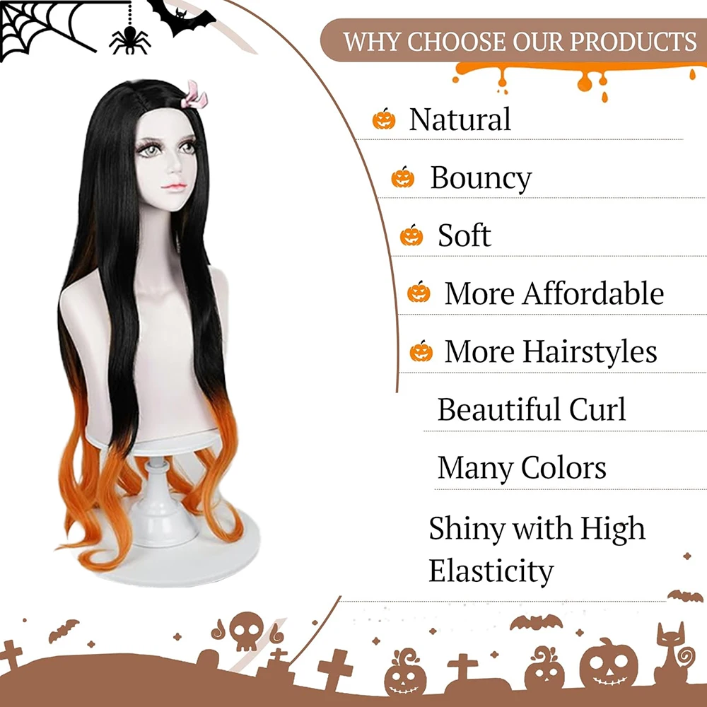 Rambut Komposit Cosplay Anime Demon Slayer Kamado Nezuko Berkualitas Tinggi 32-Inci Rambut Keriting Bergelombang Wig Pesta Harian Natal Halloween