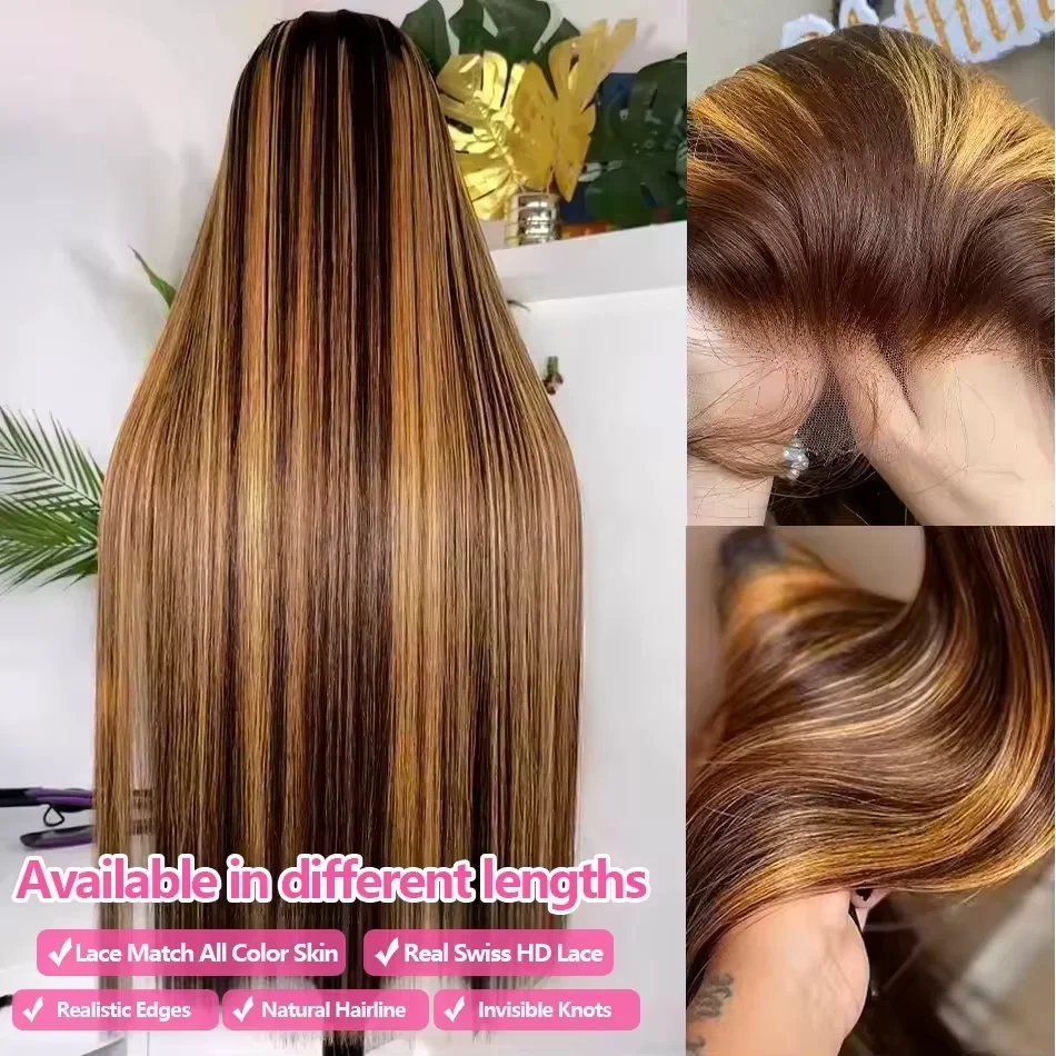 Wig Rambut Asli P4/27 Highlight Bone Straight 13x6 HD Lace Frontal Wig Peru Berwarna Ombre Pirang Lace Front Dengan Baby Hair