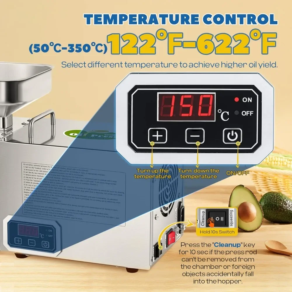 เครื่องกดน้ำมัน 1500W เครื่องสกัดน้ำมันอัตโนมัติ เครื่องบีบน้ำมันอินทรีย์ (กดเย็น/ร้อน, จอแสดงผลดิจิตอล