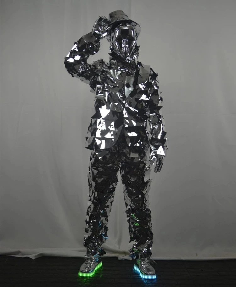 Cool Dance Silver Paper Man stage performance props mechanical dance clothes Silver mirrors suit Mirror man costume