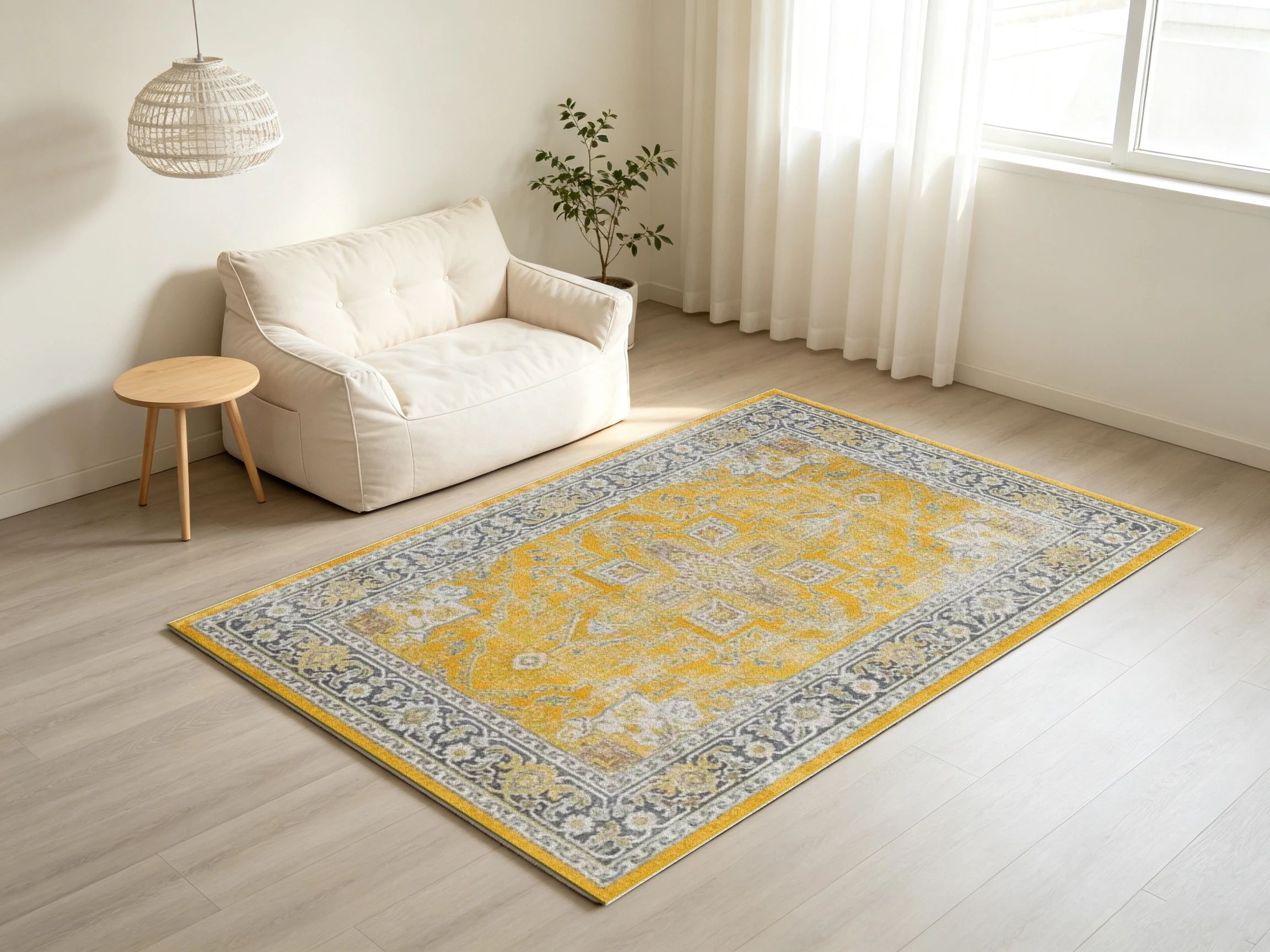 Bright Yellow Vintage Oriental Square Carpet Flooring Distressed Medallion Floral Rug for Home Space