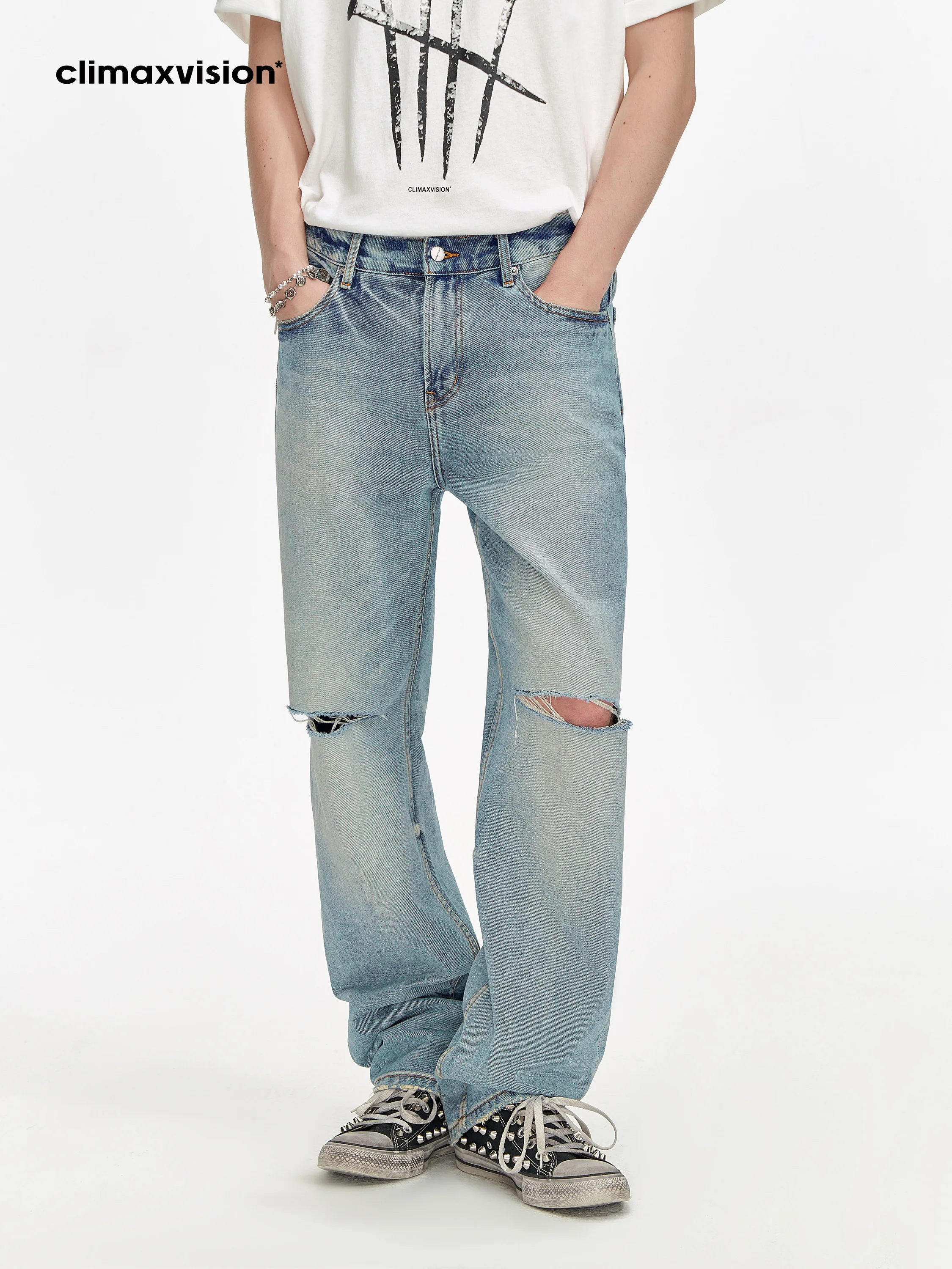 Jeans de Hombre Climax Vision Estilo Vintage Lavado con Rasgaduras en las Rodillas, Pantalones Largos de Mezclilla Ajustados, Jeans Casuales de Pierna Recta