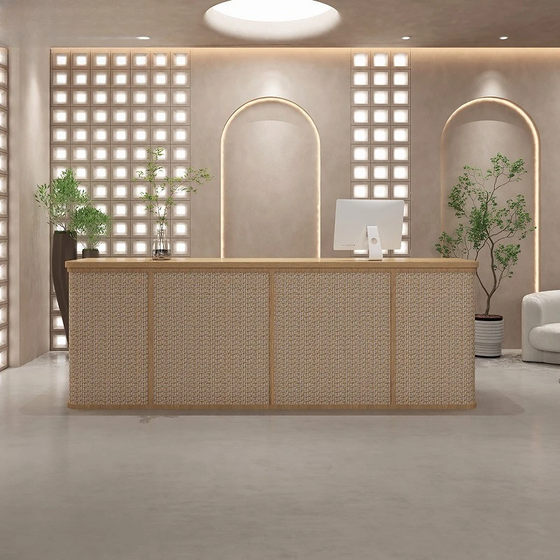 Lada recepcyjna do salonu kosmetycznego w stylu japońskim, lada do sklepu z akcesoriami do pielęgnacji uszu, meble z rattanu, model Casse JT40C