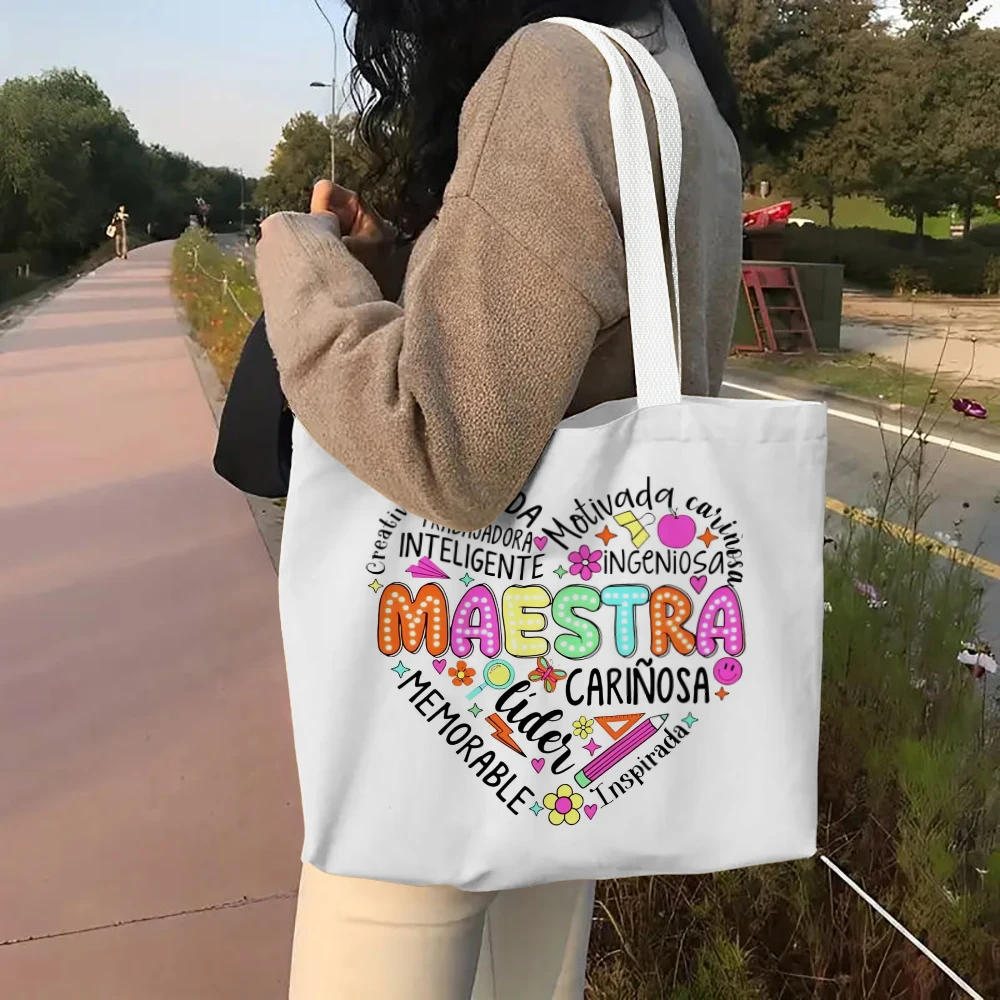 

1pc Spanish Teacher Pattern Print Tote Bag Large Capacity Travel Shower Handbag Portable Pouches Commuting To Work Handbags