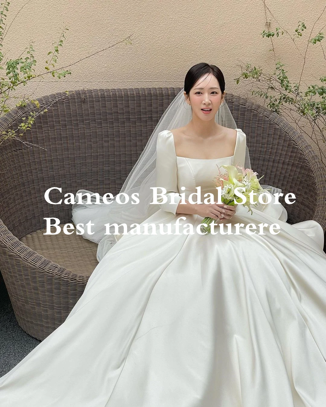 SOND Long Sleeves Custom Made A-Line Corset Wedding Dresses Square Collar Satin Ivory Korea Brides Gowns Women Bridal Dresses