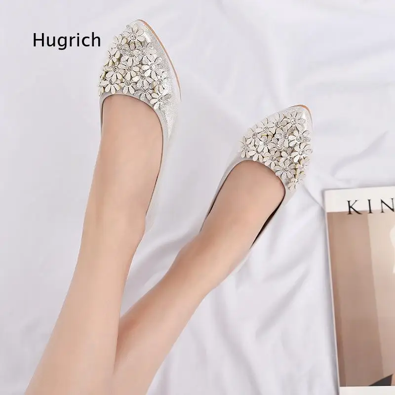 Ladies Elegant Flat Dress Shoes Pointed Toe Slip On Design 3D Flower Crystal Embellished Glitter Women Wedding Footwear