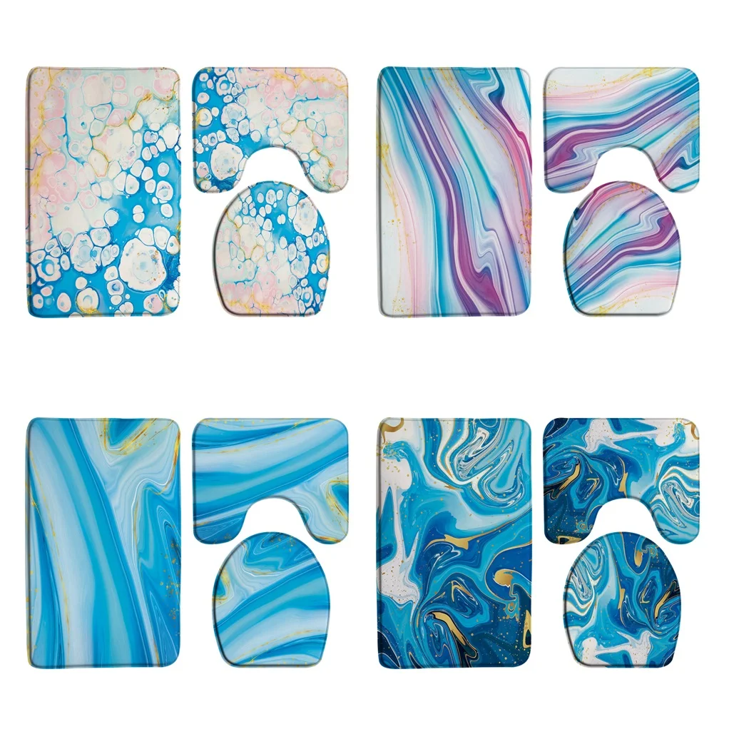 Abstract Blue Marble  Bath Mat Sets Gold Line Ink Texture Art Modern Luxury Carpet Bathroom Flannel Floor Rugs Toilet Lid Cover